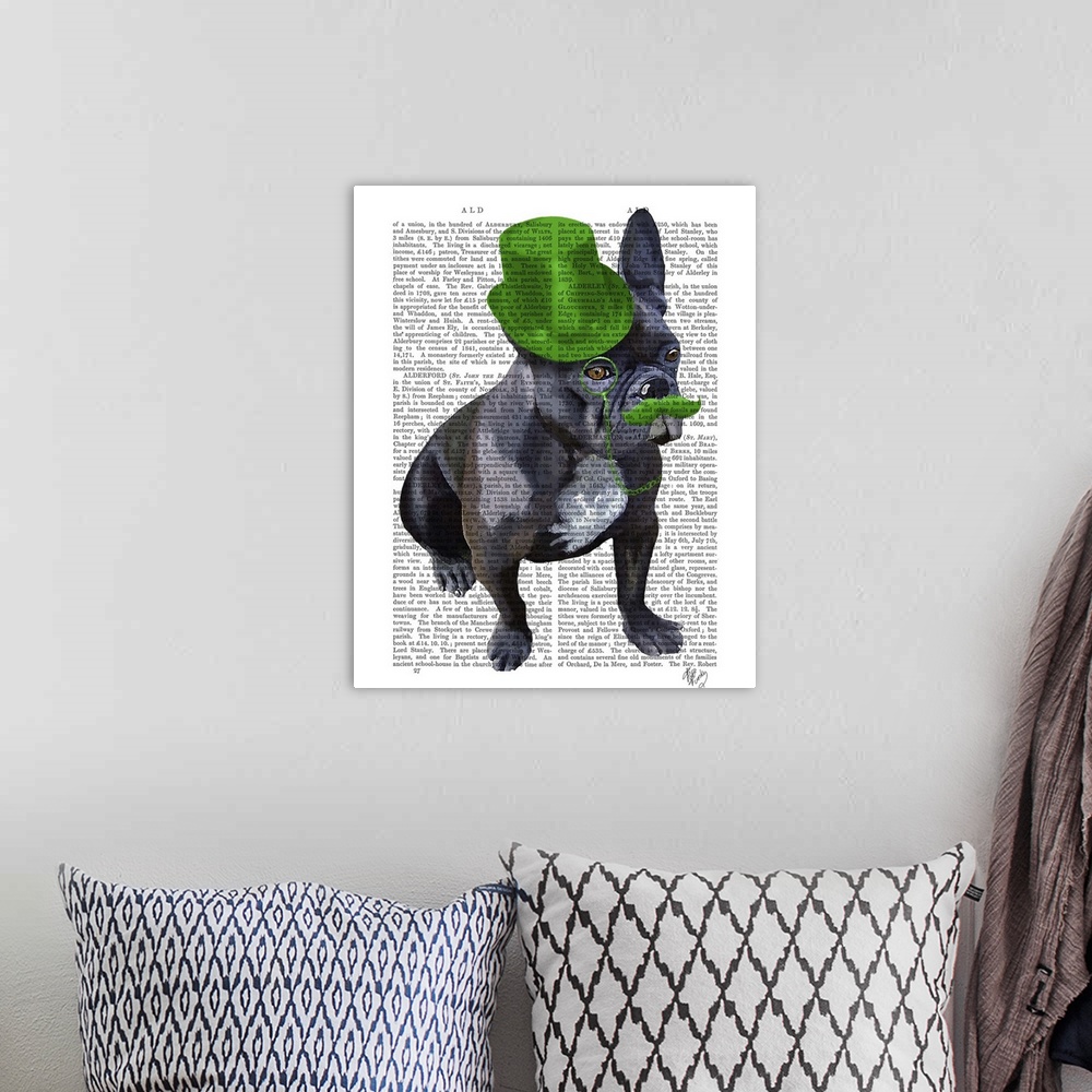 A bohemian room featuring French Bulldog With Green Top Hat and Moustache