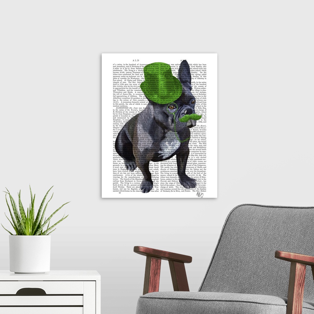 A modern room featuring French Bulldog With Green Top Hat and Moustache