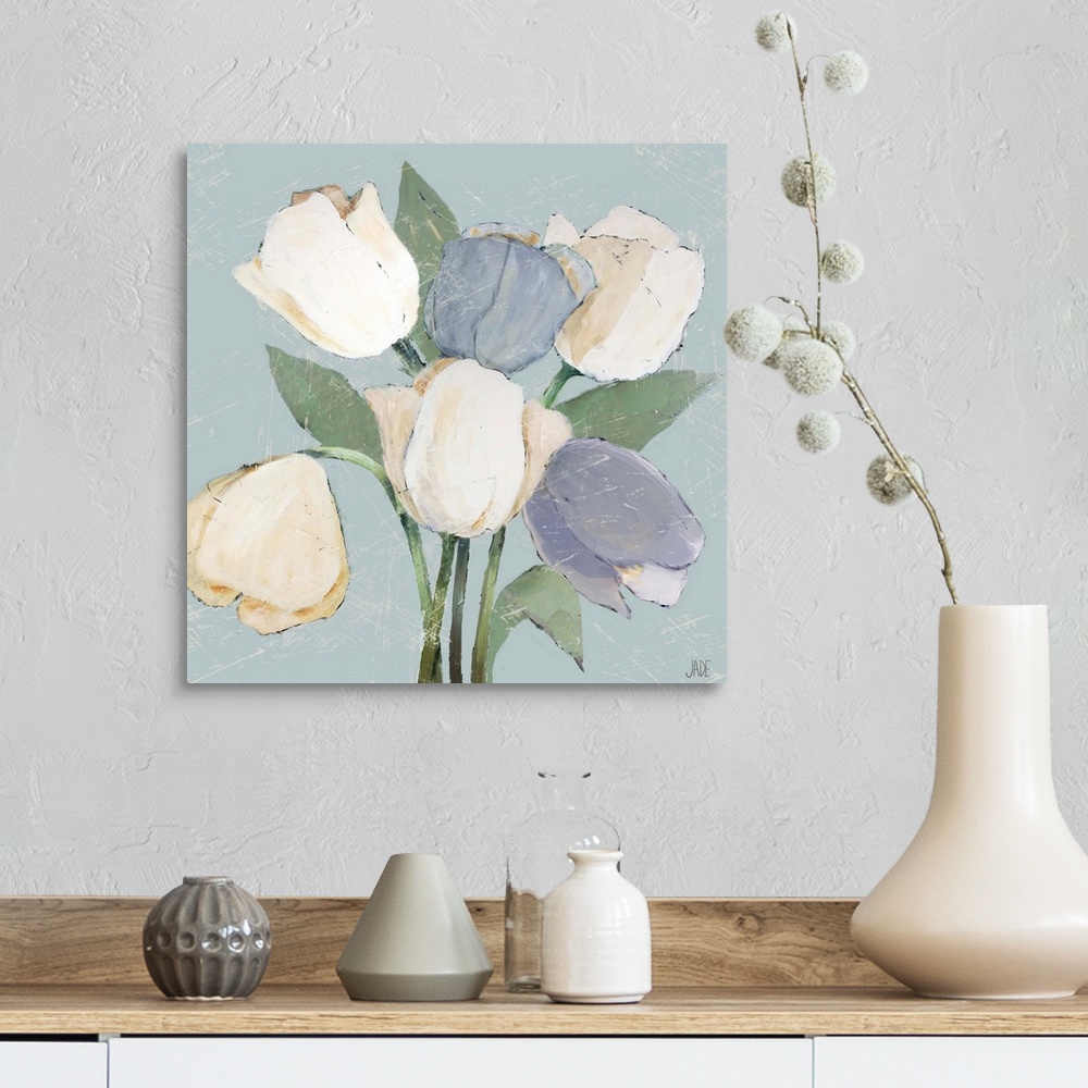A farmhouse room featuring Square painting of white and light purple French tulips on a pale blue background.