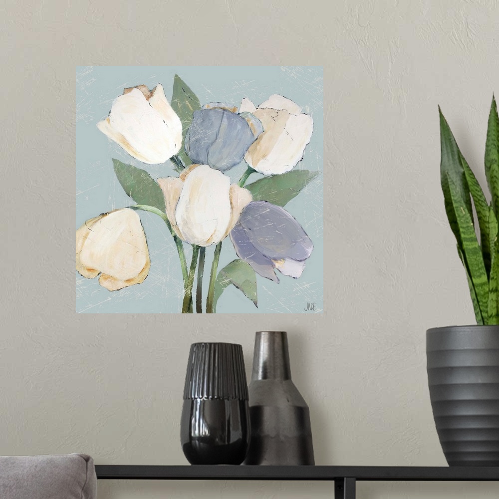A modern room featuring Square painting of white and light purple French tulips on a pale blue background.