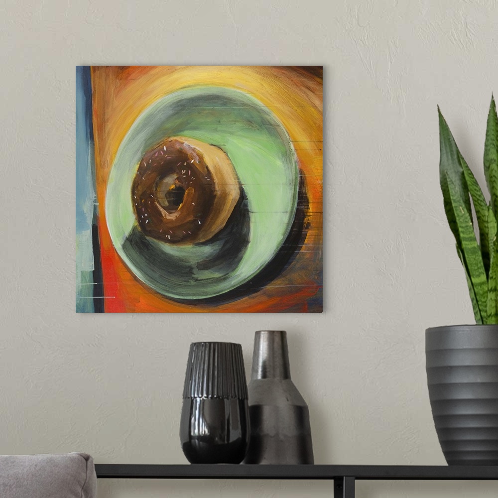 A modern room featuring Contemporary painting of a chocolate frosted donut on a green plate.