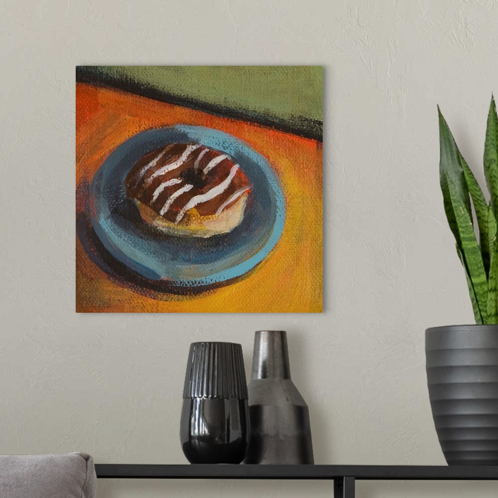 A modern room featuring Contemporary painting of a chocolate frosted donut on a blue plate.
