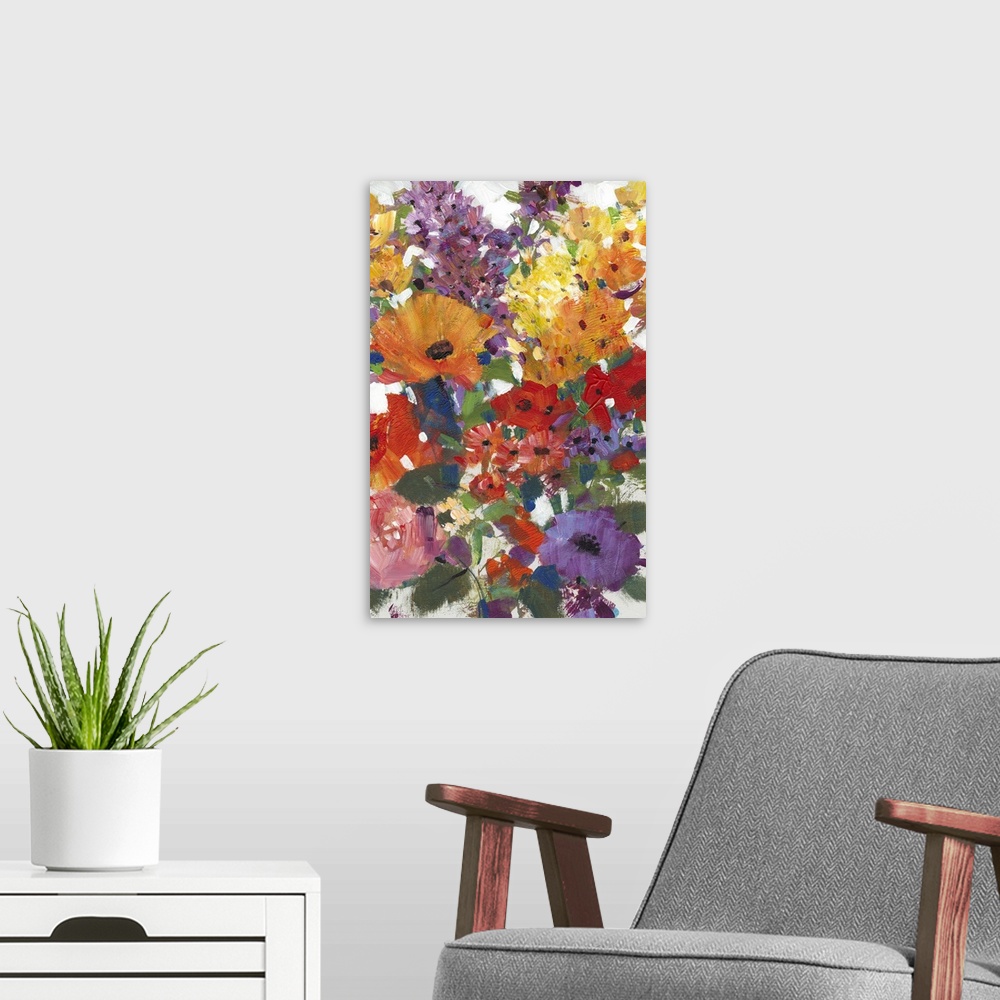 A modern room featuring Contemporary artwork of a rainbow colored bouquet of flowers.