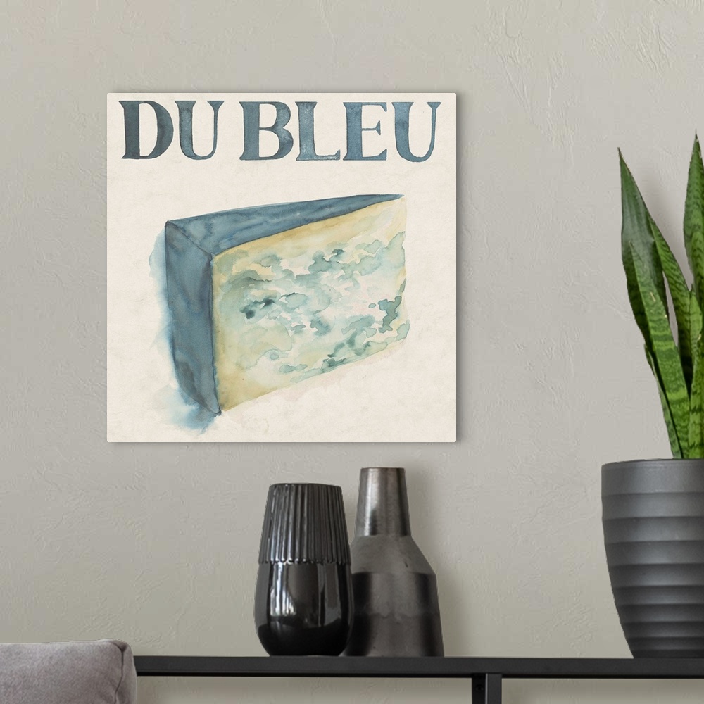 A modern room featuring Painting of a large piece of bleu cheese.