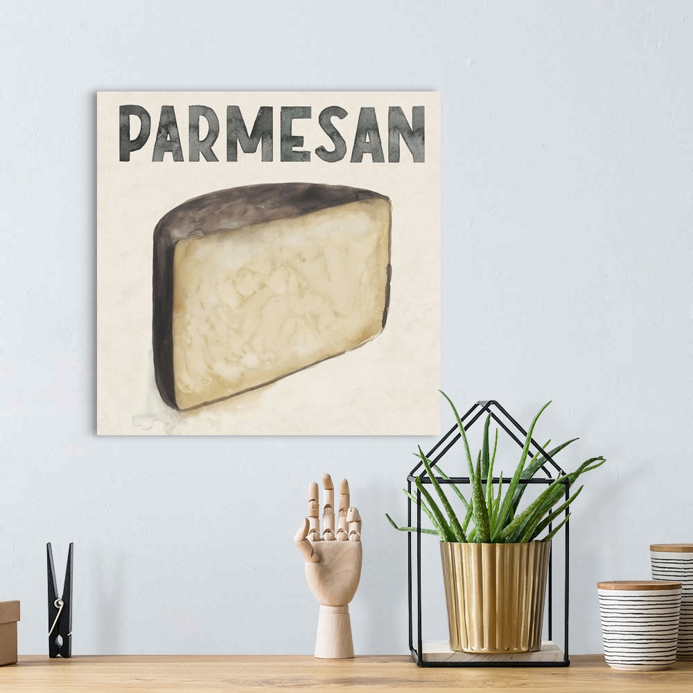 A bohemian room featuring Painting of half a round of Parmesan cheese.