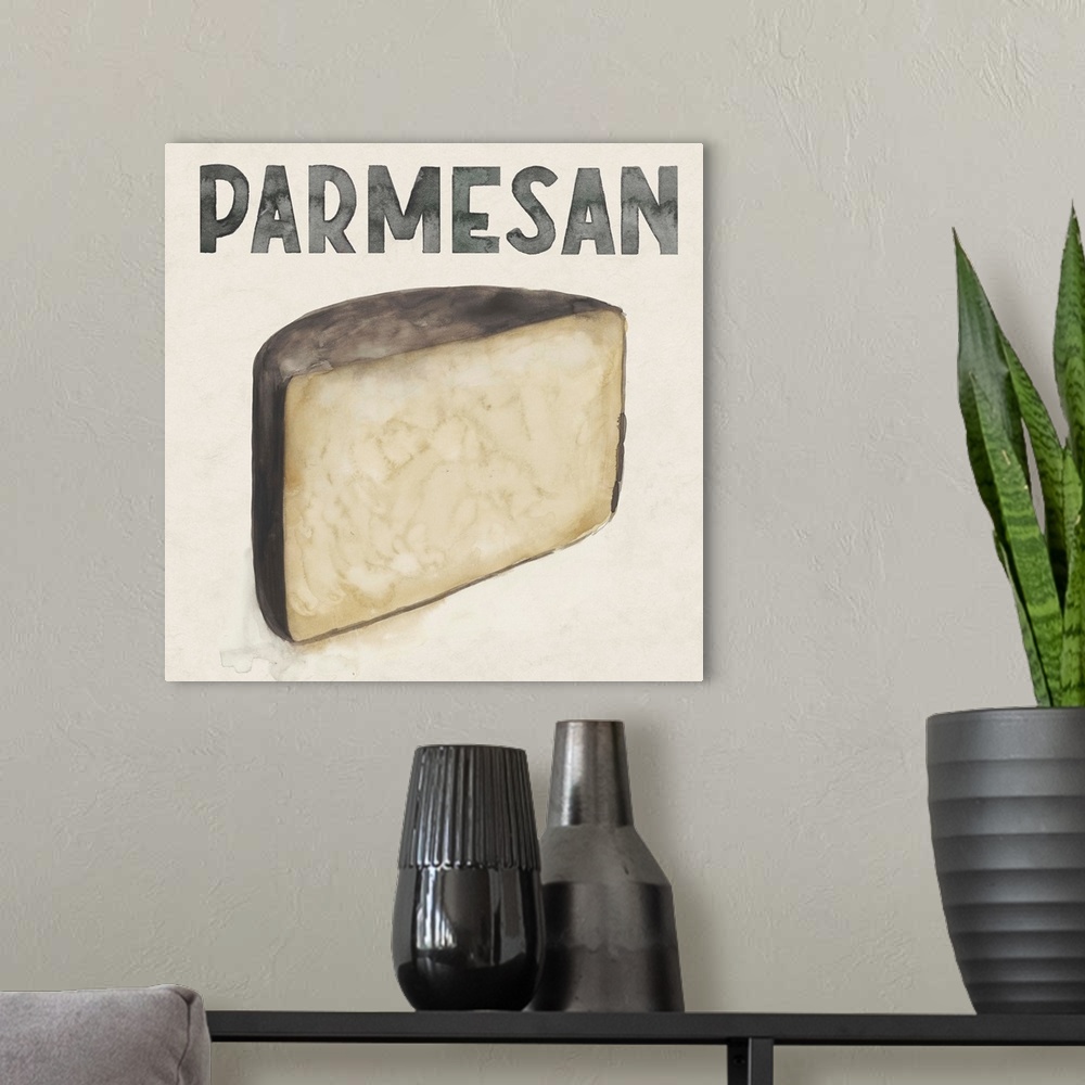 A modern room featuring Painting of half a round of Parmesan cheese.