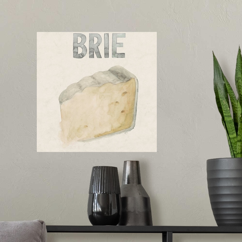 A modern room featuring Painting of a slice of soft Brie cheese.