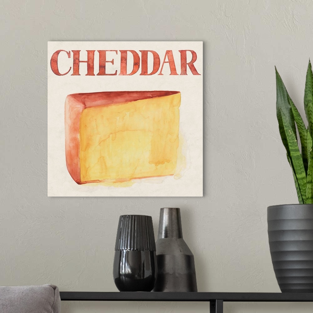 A modern room featuring Painting of a slice of sharp cheddar cheese.