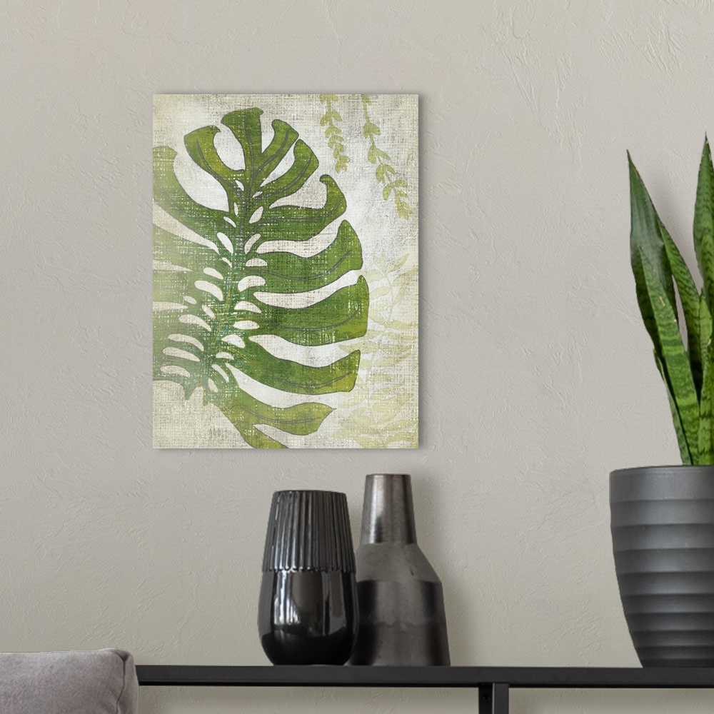 A modern room featuring Vertical decor with an illustrated palm leaf on a textured neutral colored background.