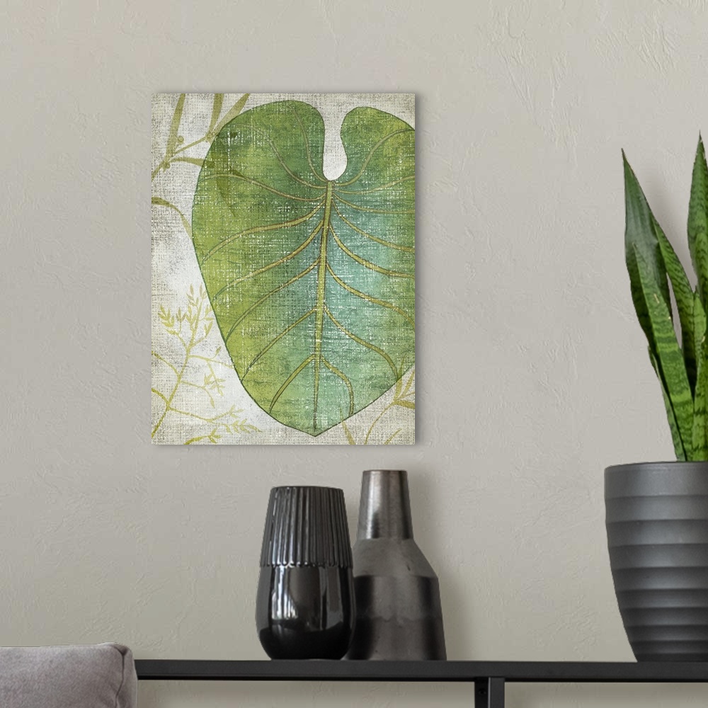 A modern room featuring Vertical decor with an illustrated tropical leaf on a textured neutral colored background.