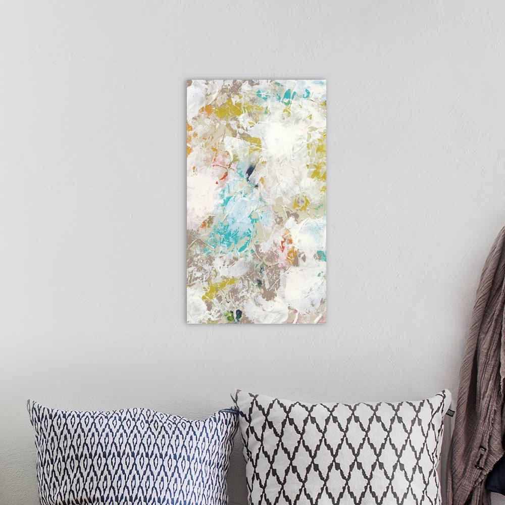 A bohemian room featuring Contemporary abstract painting with a weathered pale look.