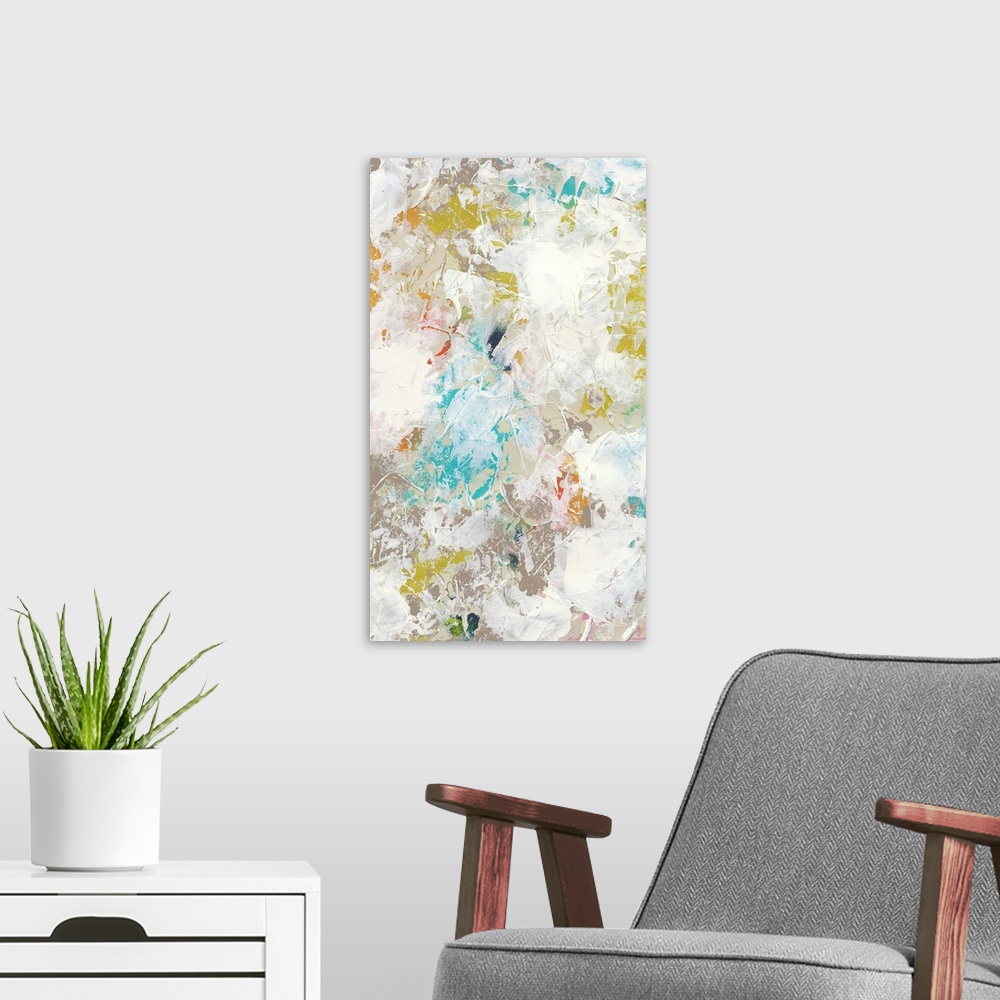 A modern room featuring Contemporary abstract painting with a weathered pale look.