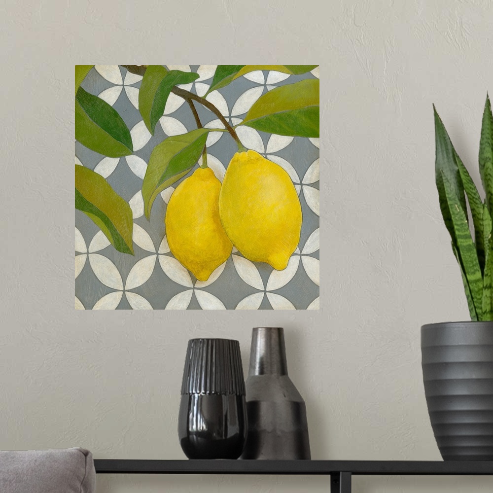 A modern room featuring Square painting of two lemons attached to a plant with a patterned background.