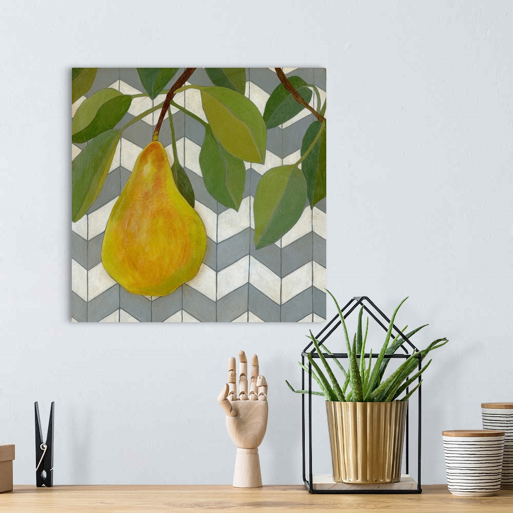 A bohemian room featuring Giant, square artwork of a golden pear hanging from a leafy branch, on a slatted background with ...