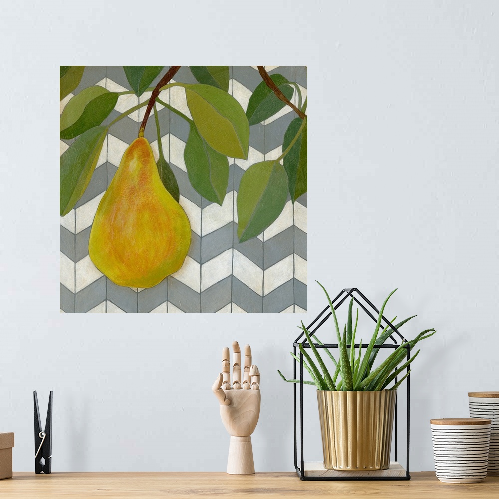 A bohemian room featuring Giant, square artwork of a golden pear hanging from a leafy branch, on a slatted background with ...