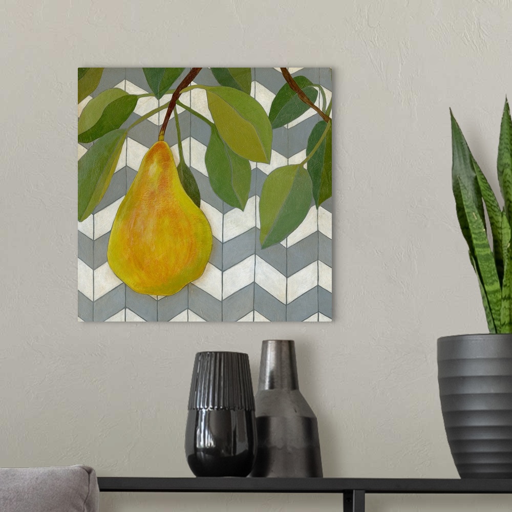 A modern room featuring Giant, square artwork of a golden pear hanging from a leafy branch, on a slatted background with ...