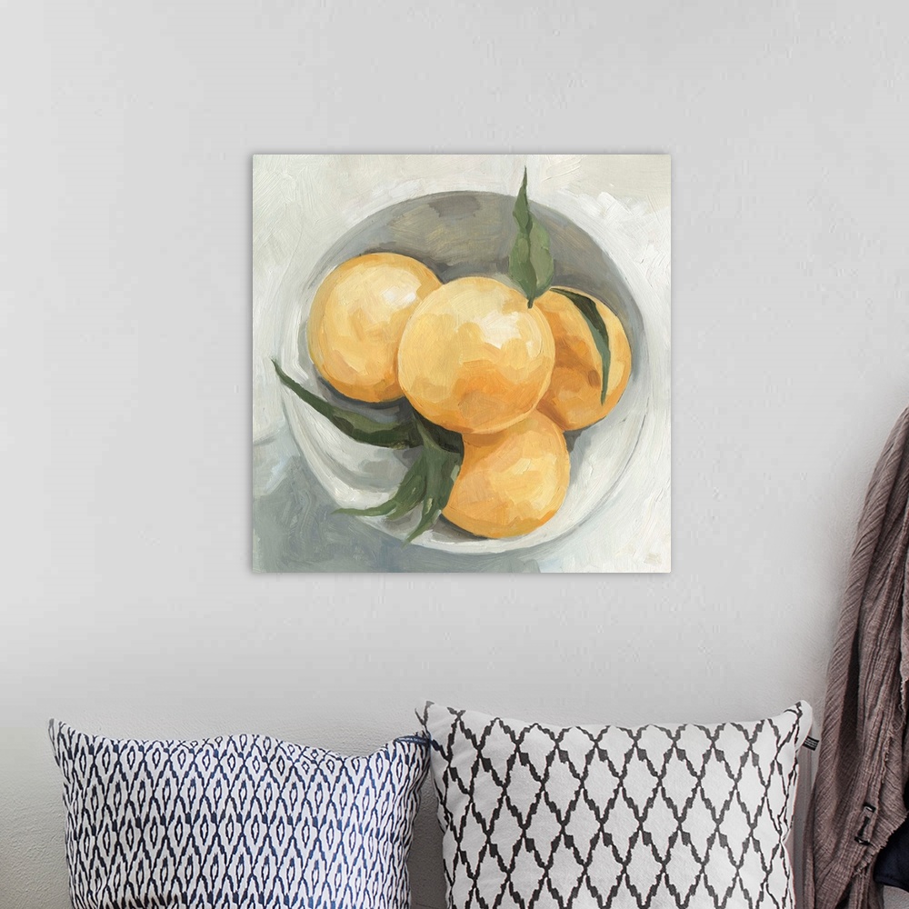 A bohemian room featuring A square contemporary painting of a gray bowl full of lemons.