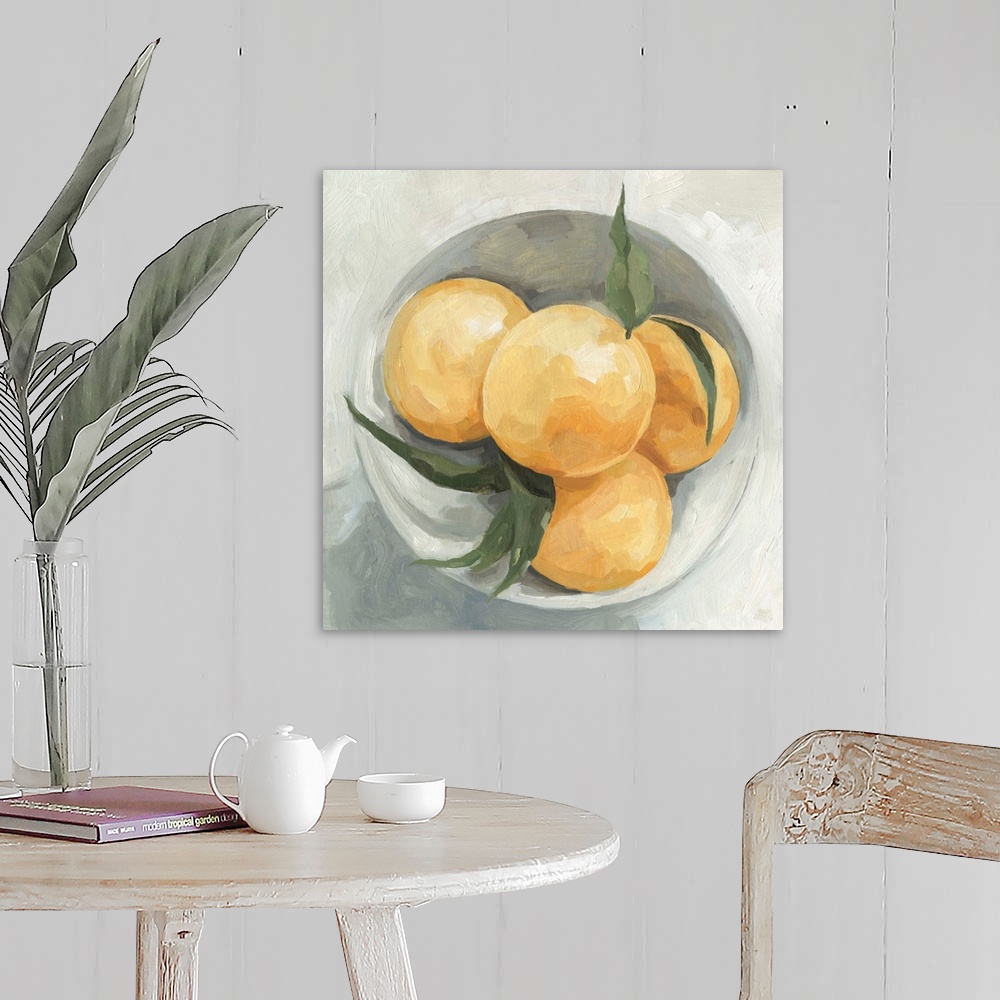 A farmhouse room featuring A square contemporary painting of a gray bowl full of lemons.
