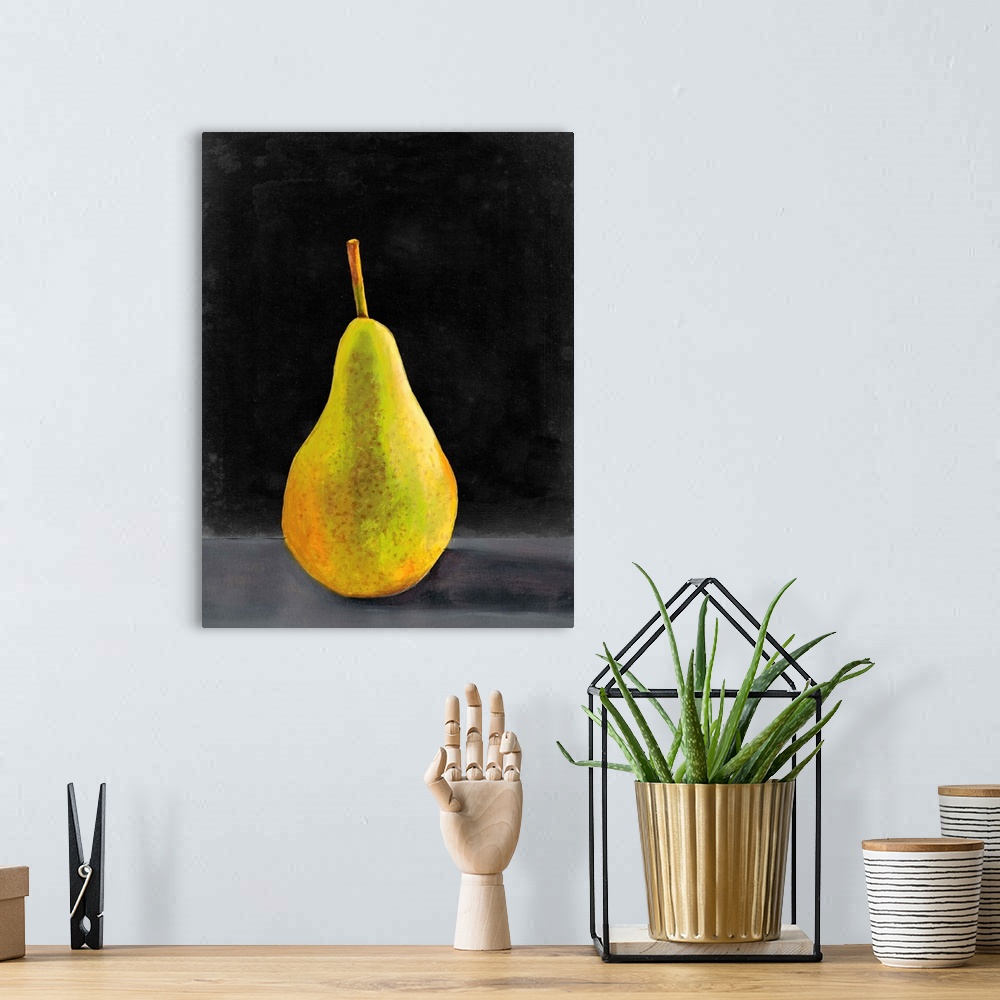 A bohemian room featuring Painting of a single pear sitting on a dark shelf.