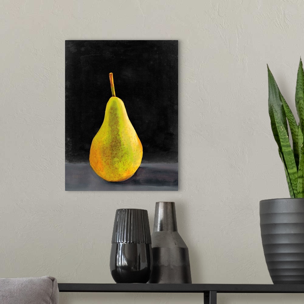 A modern room featuring Painting of a single pear sitting on a dark shelf.