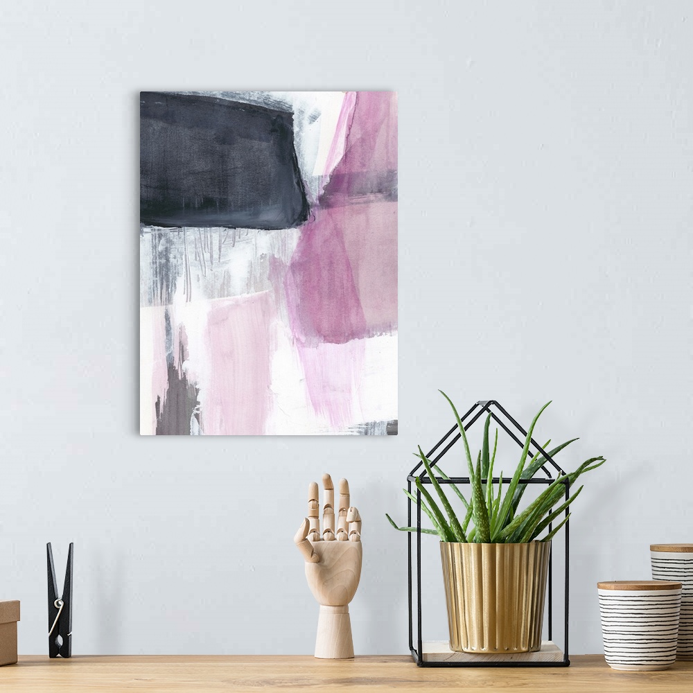 A bohemian room featuring This contemporary artwork features blocks of gray and pink with distressed textures to illustrate...