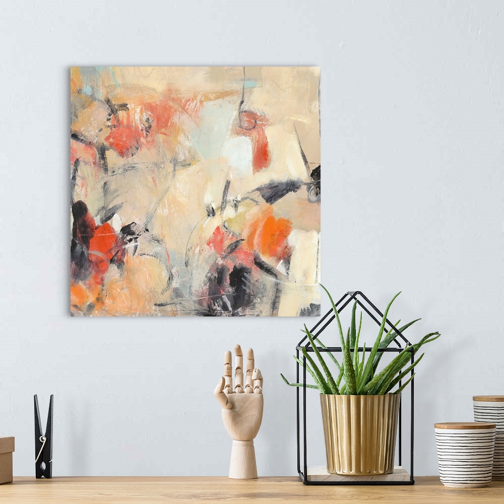 A bohemian room featuring Contemporary abstract painting in various colors like muted orange and bright orange-red.