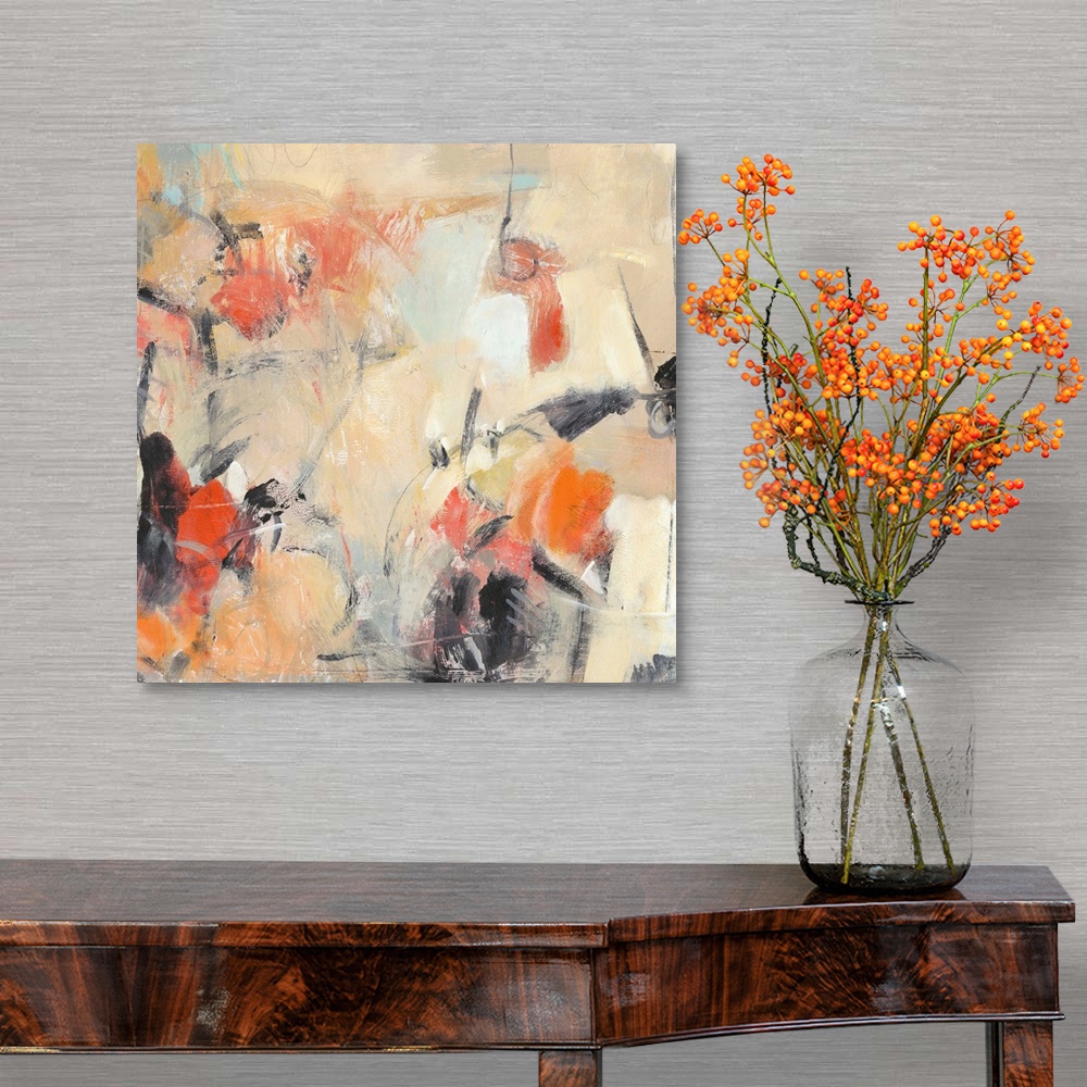A traditional room featuring Contemporary abstract painting in various colors like muted orange and bright orange-red.