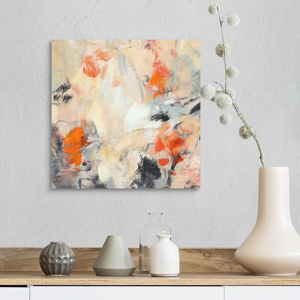 A farmhouse room featuring Contemporary abstract painting in various colors like muted orange and bright orange-red.