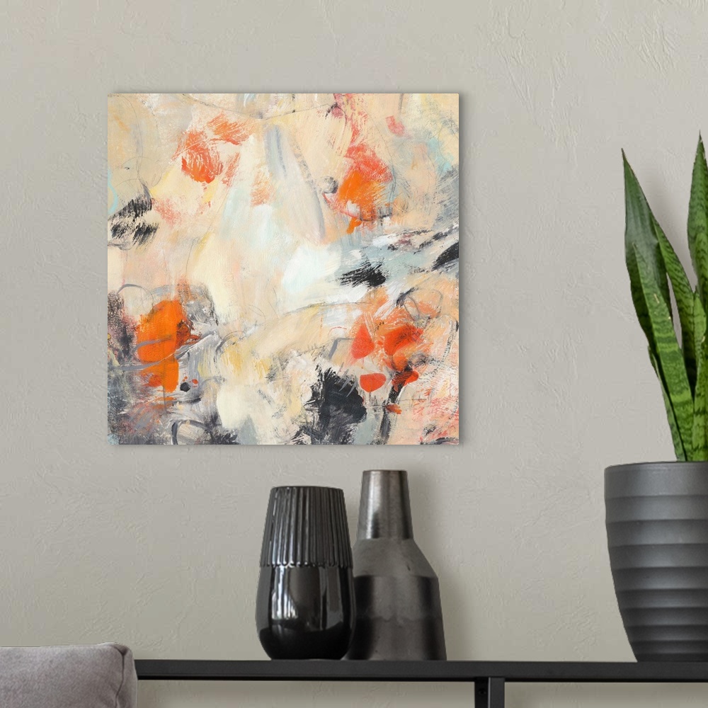 A modern room featuring Contemporary abstract painting in various colors like muted orange and bright orange-red.