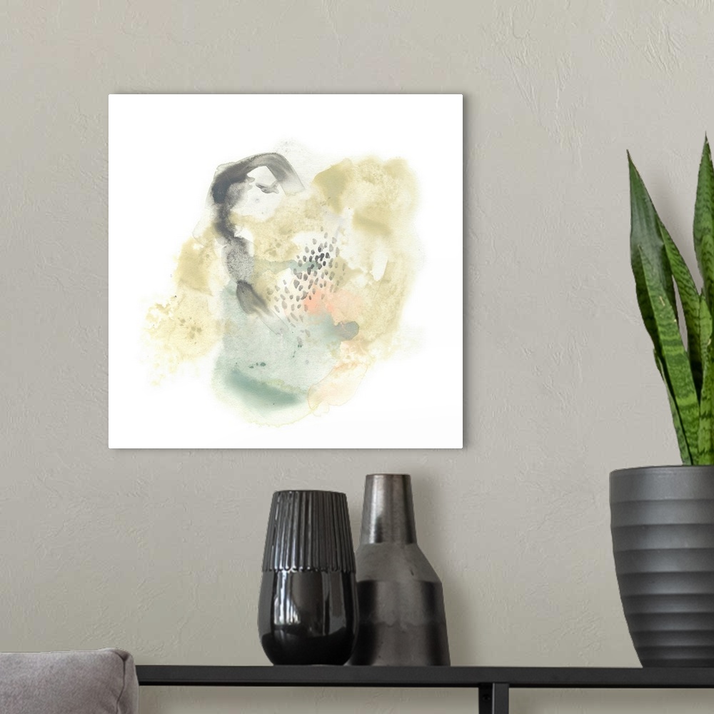 A modern room featuring Abstract watercolor painting in a round organic shape in grey and pale yellow-green.