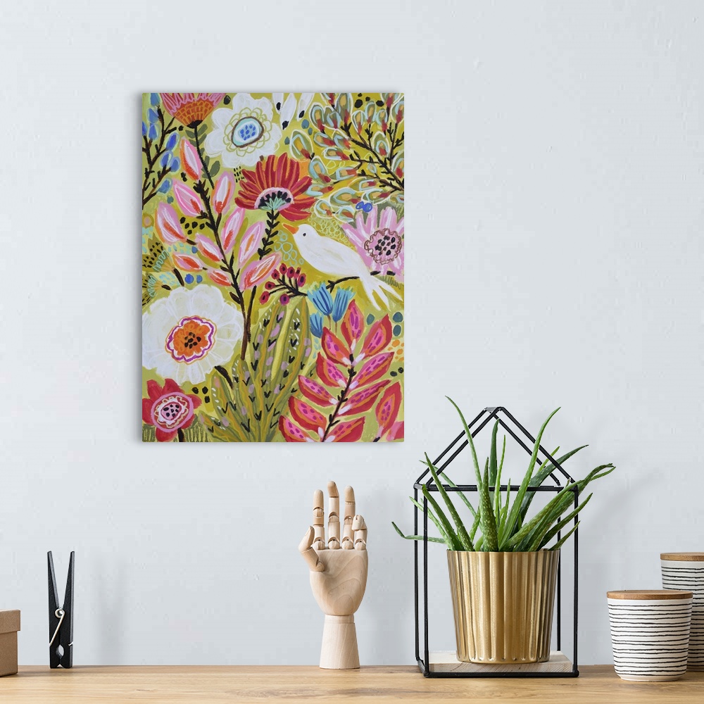 A bohemian room featuring A colorful contemporary painting of a white bird in a flower garden.