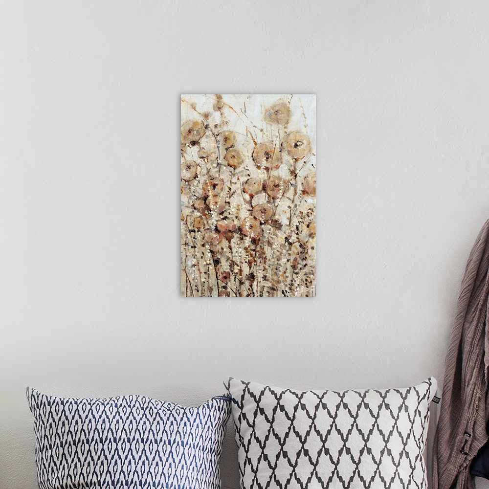 A bohemian room featuring Contemporary painting of abstracted wildflowers in various brown hues.