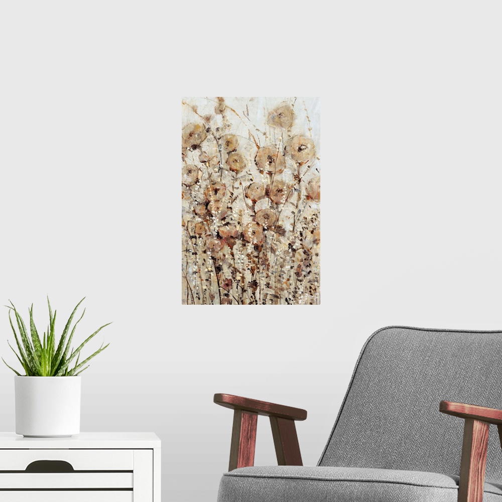 A modern room featuring Contemporary painting of abstracted wildflowers in various brown hues.