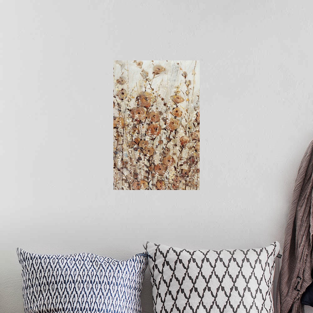 A bohemian room featuring Contemporary painting of abstracted wildflowers in various brown hues.