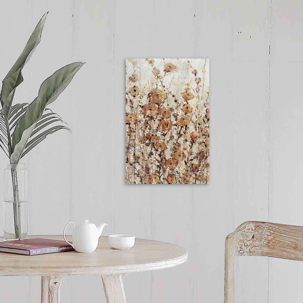 A farmhouse room featuring Contemporary painting of abstracted wildflowers in various brown hues.