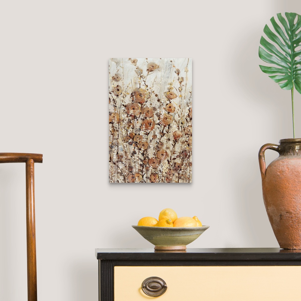 A traditional room featuring Contemporary painting of abstracted wildflowers in various brown hues.