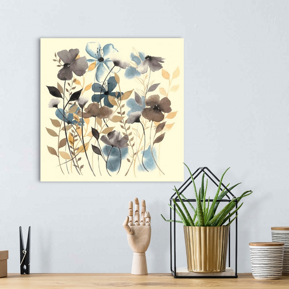 A bohemian room featuring Contemporary watercolor painting of various flowers.