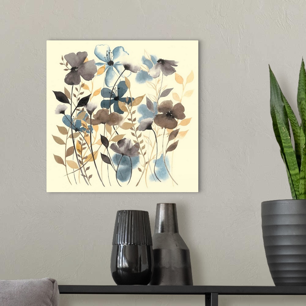 A modern room featuring Contemporary watercolor painting of various flowers.