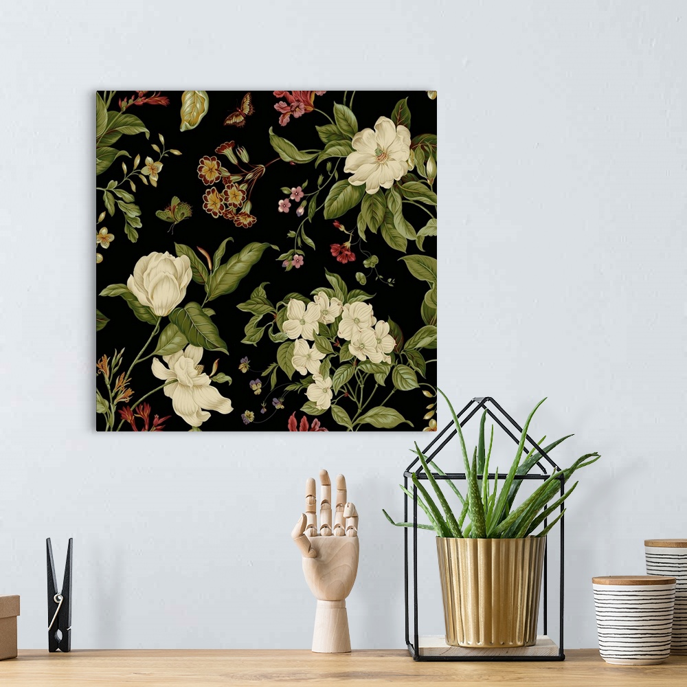 A bohemian room featuring This digital artwork features delicate white flowers and warm colored wildflowers accompanied by ...
