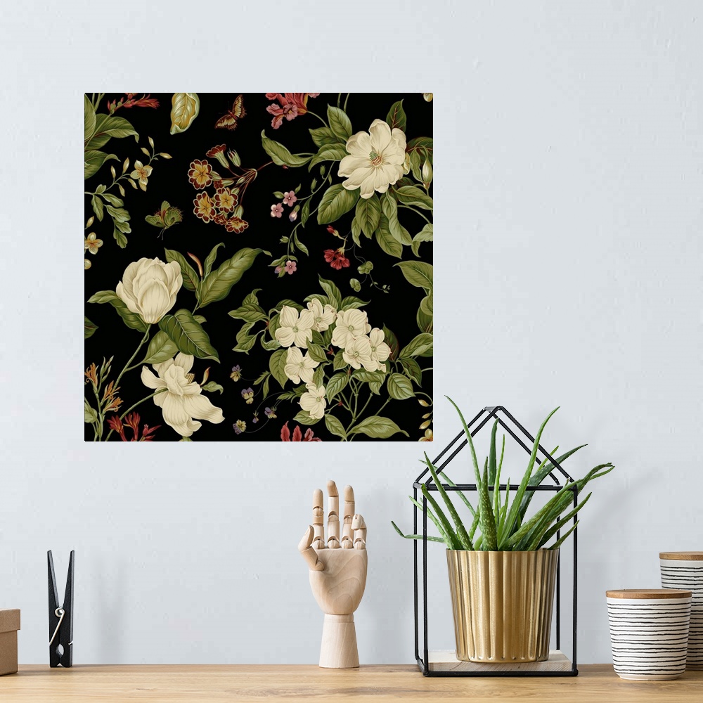 A bohemian room featuring This digital artwork features delicate white flowers and warm colored wildflowers accompanied by ...