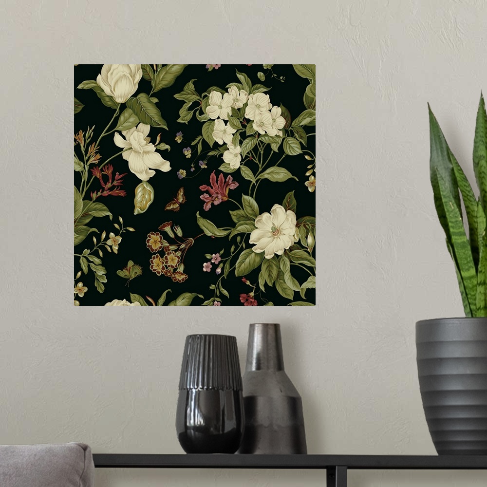 A modern room featuring This digital artwork features delicate white flowers and warm colored wildflowers accompanied by ...
