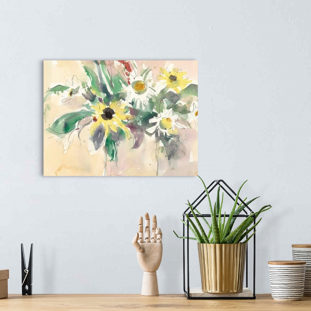 A bohemian room featuring A volatile watercolor painting of a bouquet of garden flowers against a yellow scenery.