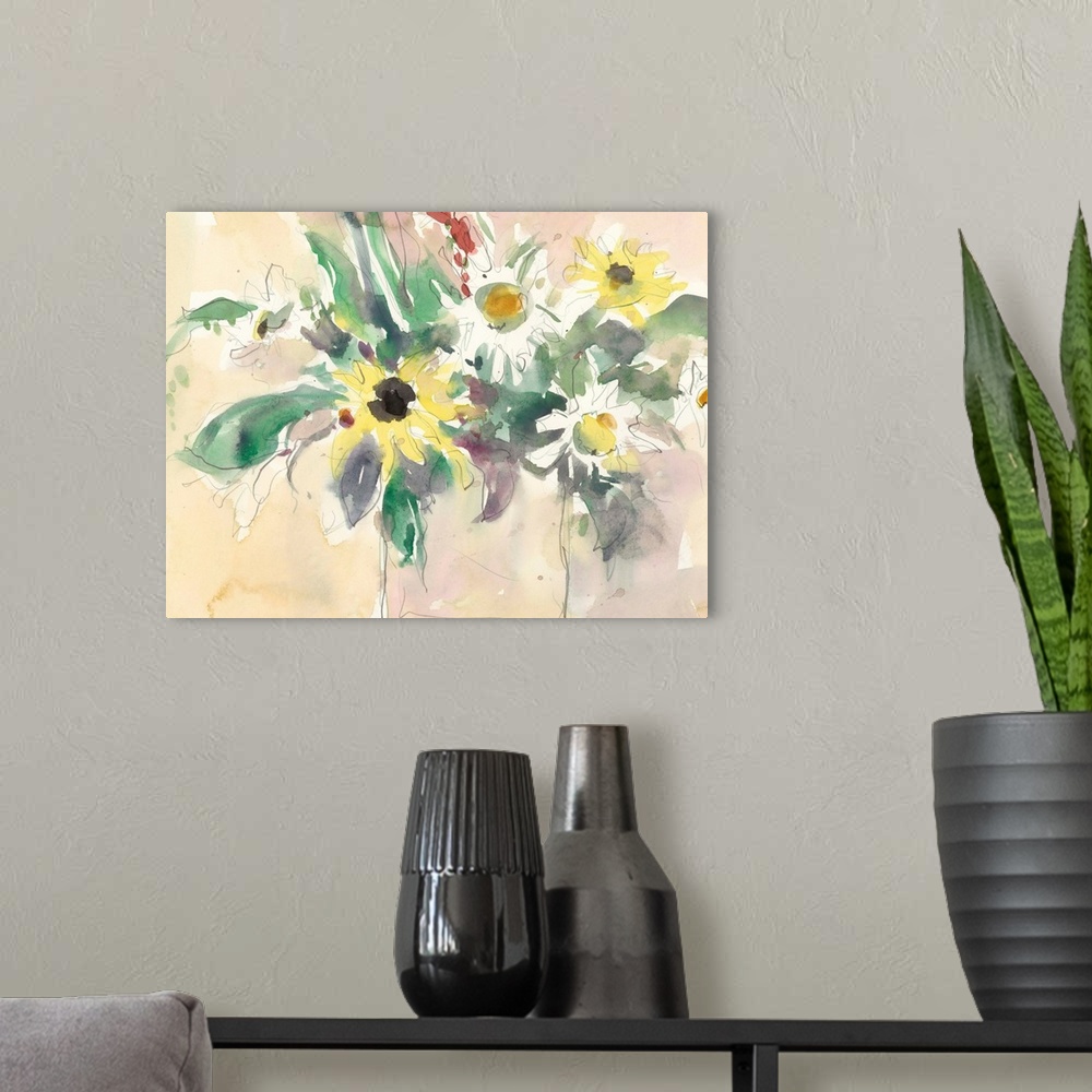 A modern room featuring A volatile watercolor painting of a bouquet of garden flowers against a yellow scenery.