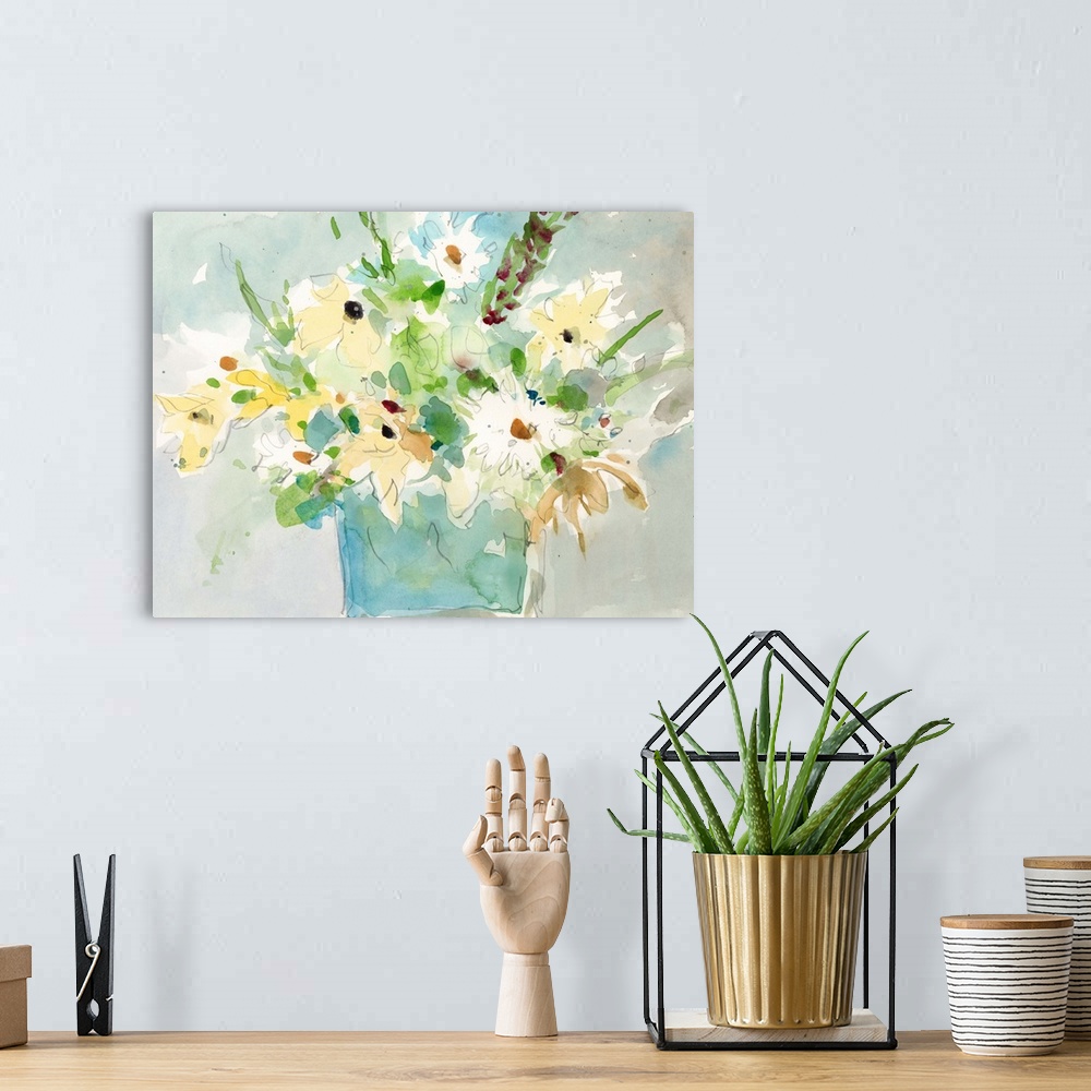 A bohemian room featuring A volatile watercolor painting of a bouquet of garden flowers against a blue/gray scenery.