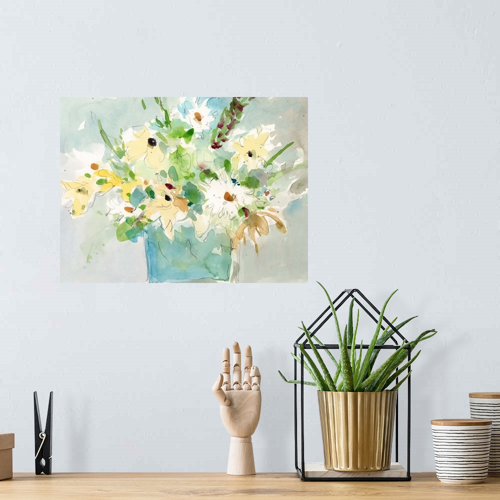 A bohemian room featuring A volatile watercolor painting of a bouquet of garden flowers against a blue/gray scenery.