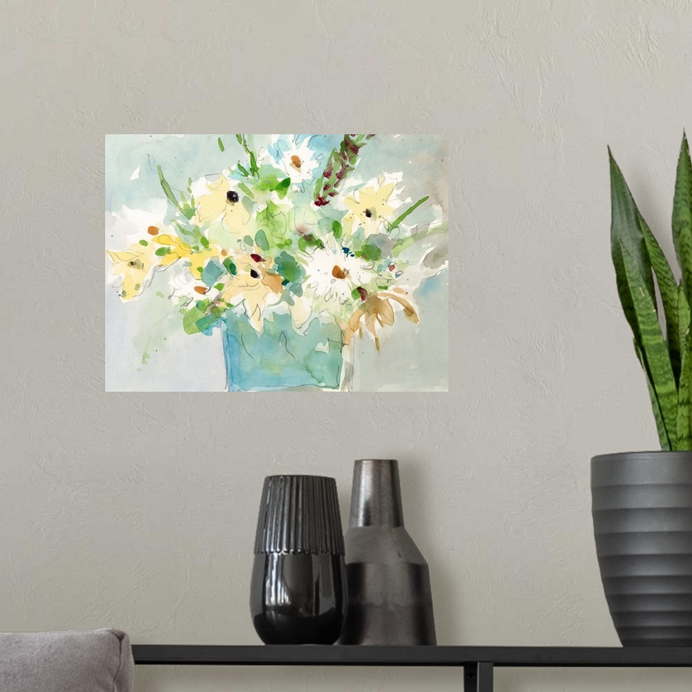 A modern room featuring A volatile watercolor painting of a bouquet of garden flowers against a blue/gray scenery.