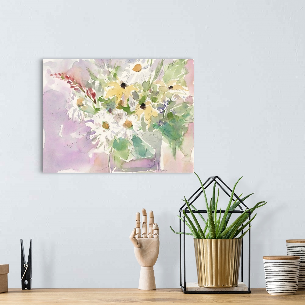 A bohemian room featuring A volatile watercolor painting of a bouquet of garden flowers against a purple scenery.