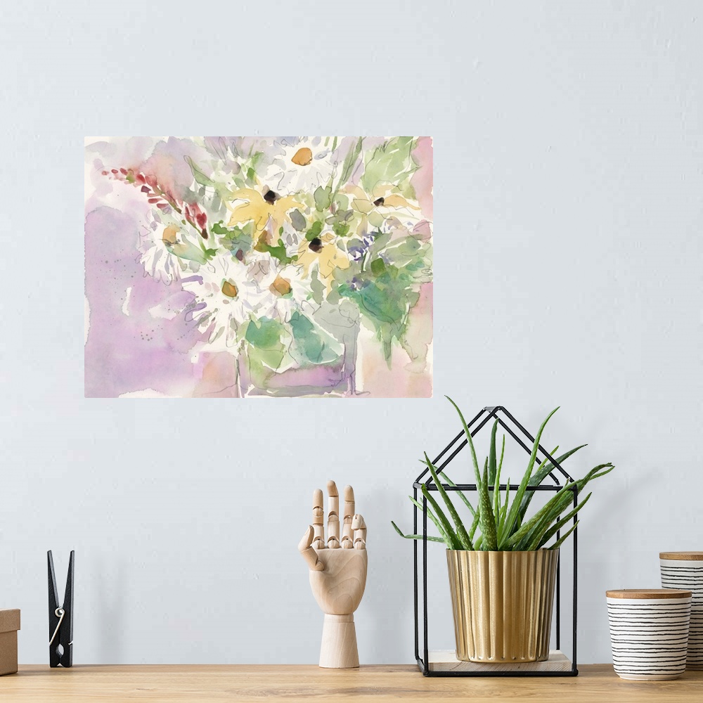 A bohemian room featuring A volatile watercolor painting of a bouquet of garden flowers against a purple scenery.