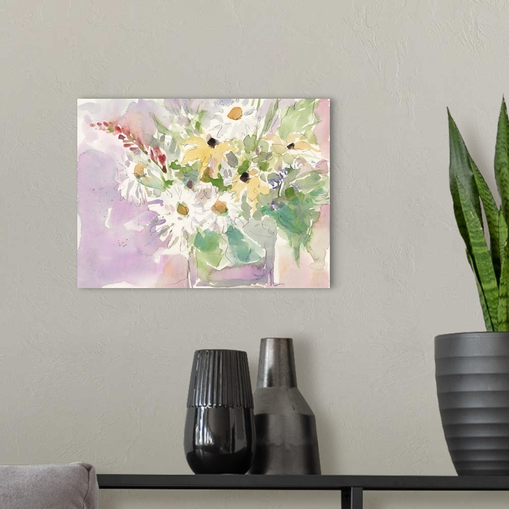 A modern room featuring A volatile watercolor painting of a bouquet of garden flowers against a purple scenery.