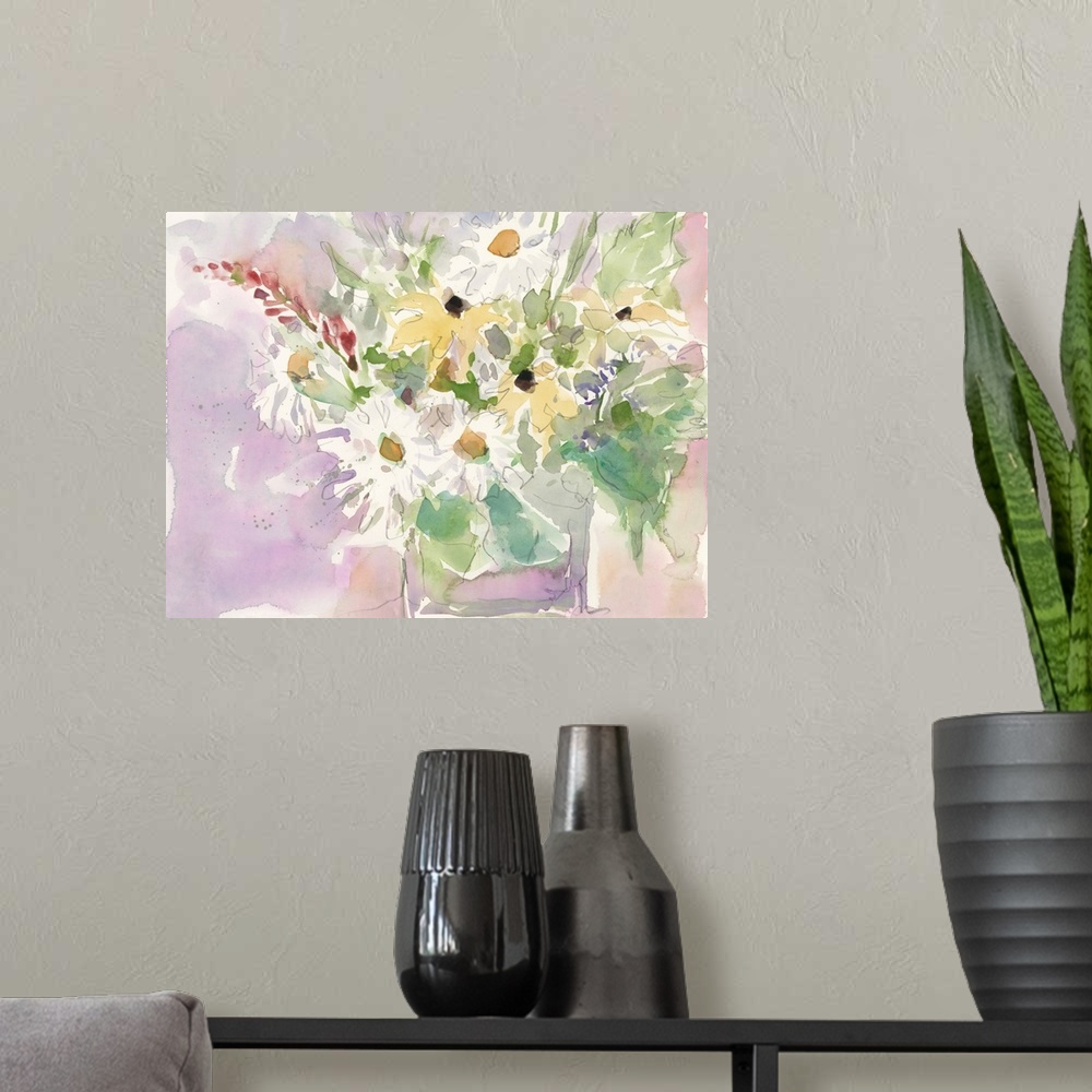 A modern room featuring A volatile watercolor painting of a bouquet of garden flowers against a purple scenery.